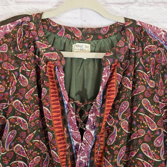 M Midnight Sky Paisley Print Mini Dress Women's Size M Sheer Long Sleeve Green - Picture 2 of 11